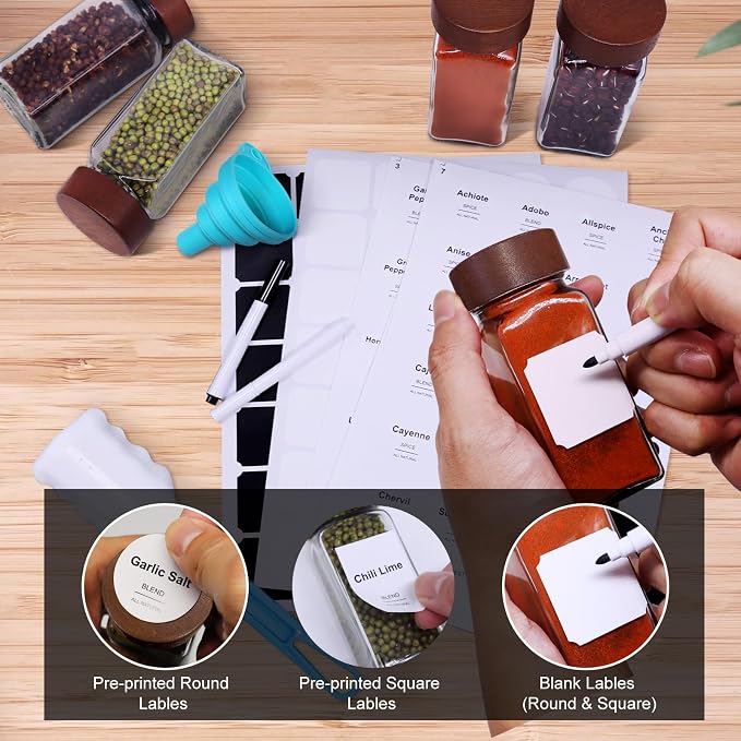 30 Pack 4 oz Glass Spice Jars with Shaker Lids& Labels Glass Bottles | Square Empty Mason Acacia Wood White Labels Kitchen Cabinet Drawer Organizer Seasoning Containers Collapsible Funnel Brush