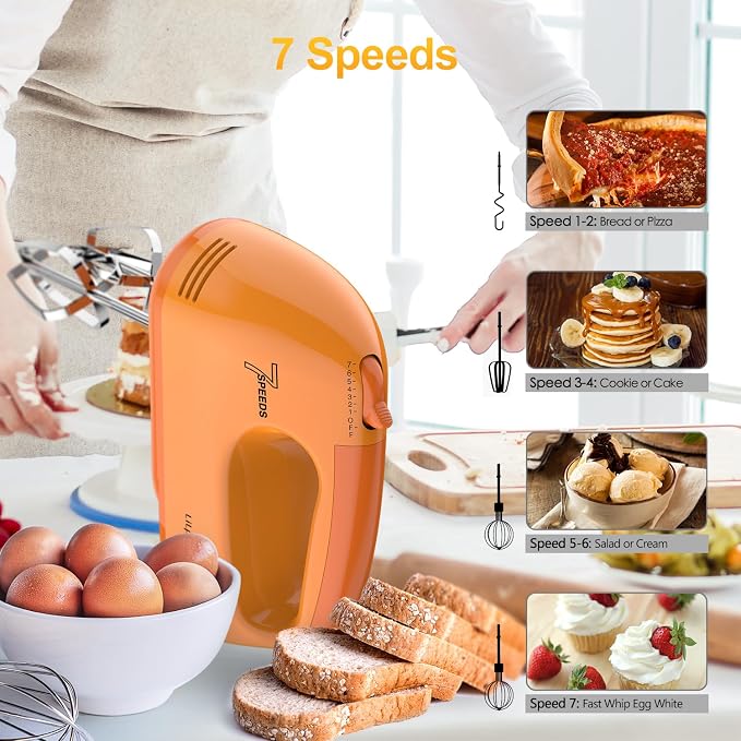 LILPARTNER Hand Mixer Electric, Ultra Power Kitchen Hand Mixer With 7-Speed & 5 Stainless Steel Accessories for Whipping Dough, Cream, Cake, Dishwasher Safe, Light Orange