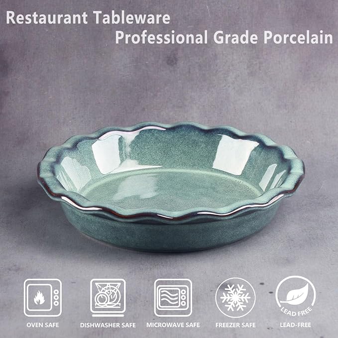 9.2-inch ceramic pie pan, 1.2 quart, ceramic baking pan, rice dish, deep groove pie pan, suitable for apple pie/quiche/risotto/roasted vegetables/oven/restaurant/party, hazy green.