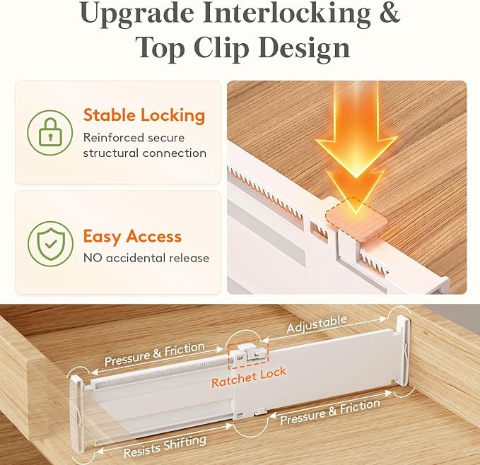 Lifewit 3.2" High Drawer Dividers for Clothes, Adjustable Drawer Organizers | 10.5"-16.5" Expandable Plastic Separator for Dresser, Kitchen, Cabinet, Closet, Nursery, Socks & Underwear Storage, 4 Pack