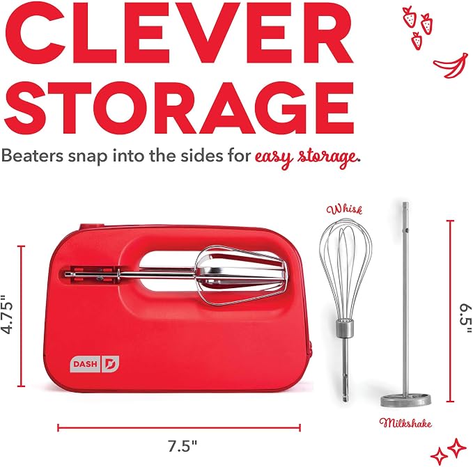 Dash SmartStore Hand Mixer - Electric Handheld Mixer For Everyday Baking - 3-Speed Power and One-Touch Beater Ejector Button - Red, Includes Whisk and Milkshake Attachments