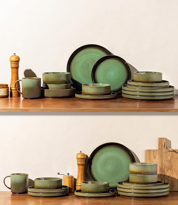 GBHOME Stoneware Dinnerware Sets for 4, 12-Piece Plates and Bowls Set | Handmade Reactive Glaze Ceramic Dish Set, Scratch Resistant, Dishwasher&Microwave Safe,Mocha & Green