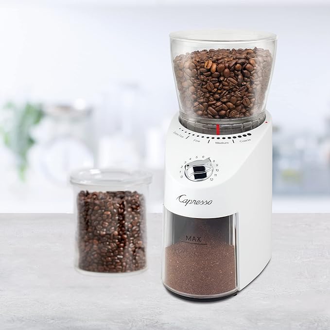 Capresso Infinity Plus Conical Burr Grinder, White | Commercial-grade steel burrs, 16 settings, low-speed gear motor
