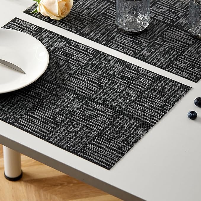 Placemats Set of 8 Plastic Vinyl Place Mats for Dinner Table, No-Slip Wipeable Table Mats Daily Use Patio Kitchen Decoration (18"x12", Black)