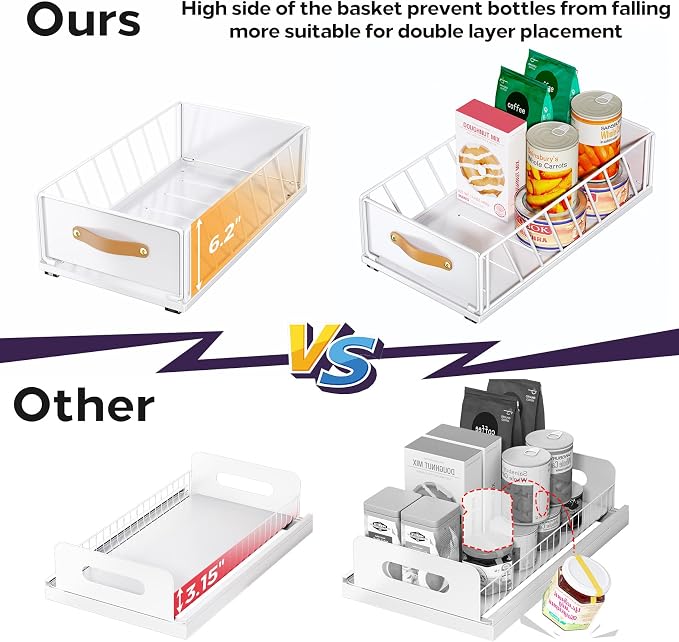 Pull out Cabinet Organizer,Heavy Duty Slide out Pantry Shelves Drawer Storage with Adhesive Nano Film,Sliding Mesh Cabinet Basket with Handle for Kitchen, Bathroom, Home, 11.8W" X 15.7"D X 6.2"H,White