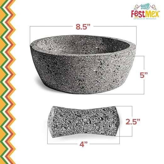 Genuine Handmade Mexican Mortar and Pestle Set 8 Inches Flat Base, Molcajete Mexicano — Mexican Cookware Perfect as Guacamole Bowl and Masher, Mortero para Cocina Made from Volcanic Rock in Mexico