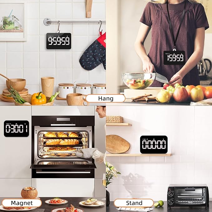 Rechargeable Digital Kitchen Timer for Cooking, Magnetic Timers with Countdown/up, Kids Timer with 5”LED Display 3 Brightness 4 Volume Adjustable for Classroom/Office/Home/Work/Study/Fitness/Game | Countdown/Up, 3 Adjustable Brightness, 4 Adjustable Vo...