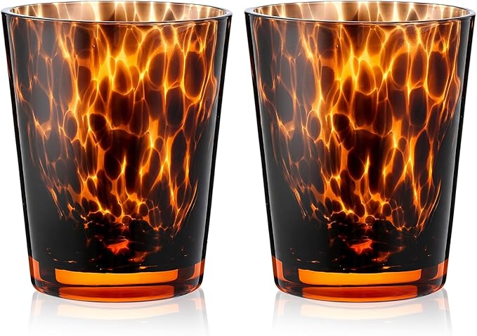 SiliFine 2 Pcs Tortoise Shell Drinking Glasses, 13oz Leopard Print Vintage Stemless Wine Glasses, Cheetah Print Aesthetic Cups, Hand Blown Brown Glassware, Room Decor, Gifts for Party