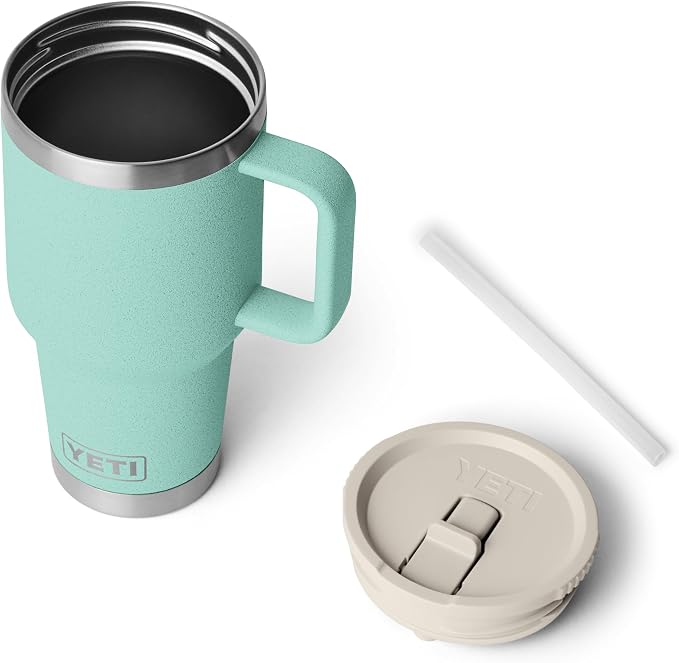 YETI Rambler 30 oz Travel Mug with Flip Straw Lid – Stainless Steel, Vacuum Insulated, Leakproof, Cup Holder Friendly, Sea Stone
