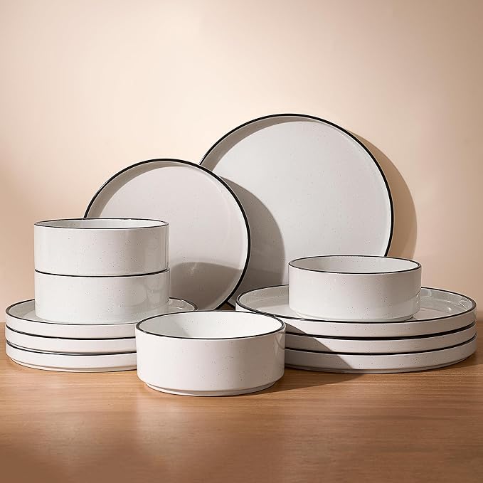 Famiware Nebula 12-Piece Dinnerware Set, White with Black Rim | Stoneware Dish Set for 4, Plates and Bowls, Microwave and Dishwasher Safe, Chip and Scratch Resistant