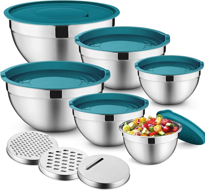 P&P CHEF Mixing Bowls with Lids Set of 6, Nesting Salad Bowl, Blue | Stainless Steel Bowl & 3 Grater Attachments & Plastic Lid, For Prepping Baking Storing, Sizes with 4.6/2.6/2/1.5/1/0.7 QT