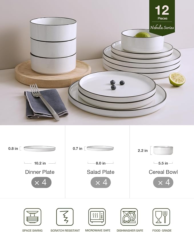 Famiware Nebula 12-Piece Dinnerware Set, White with Black Rim | Stoneware Dish Set for 4, Plates and Bowls, Microwave and Dishwasher Safe, Chip and Scratch Resistant