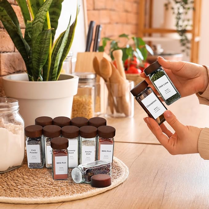 30 Pack 4 oz Glass Spice Jars with Shaker Lids& Labels Glass Bottles | Square Empty Mason Acacia Wood White Labels Kitchen Cabinet Drawer Organizer Seasoning Containers Collapsible Funnel Brush