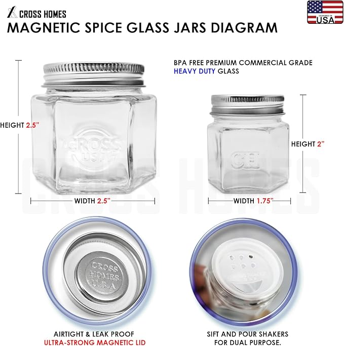 Magnetic Spice Jars Combo Pack 21 Set (6 Large 4 oz + 15 Small 2 oz) Refrigerator Hexagon Glass Spice Jar Magnetic Lid Shaker Spice Labels Magnetic Glass Spice Containers for RV Kitchen Fridge Cabinet