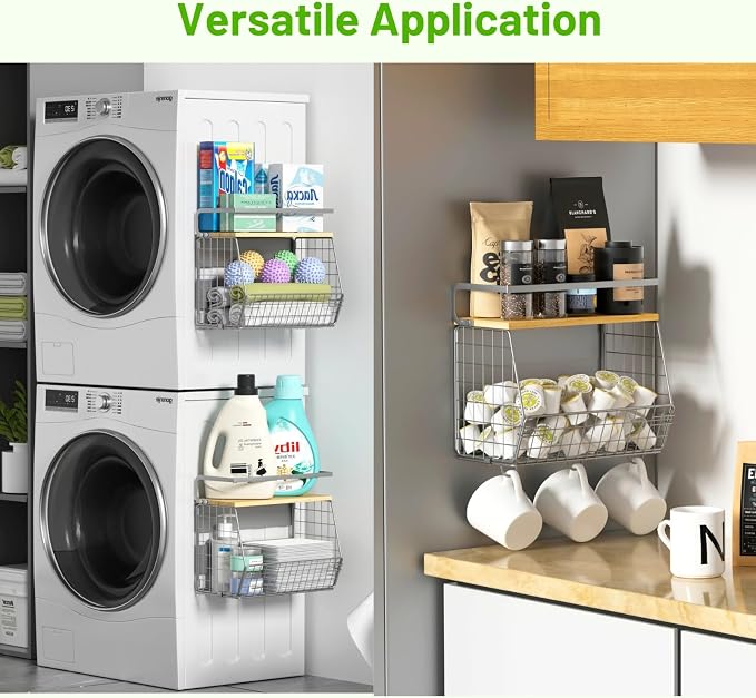 Magnetic Fridge Shelf with Wood Lid, Fruit Potato Onion Storage Bins, Pantry Organizers, Large Container Spice Rack for Refrigerator, Kitchen Counter, Cabinet (2, Silver)