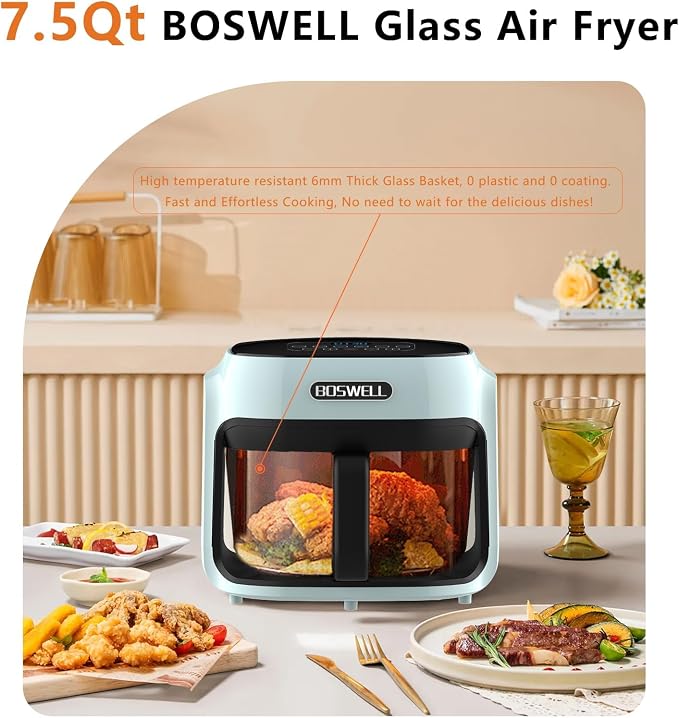 BOSWELL 7.5 QT Large Glass Air Fryer, 6-1 Preset Cook Modes | Transparent Fry Bowl, Green, Circulating Heating & Temperature Control, Steak, Fries, Bake,Chicken, Dishwasher Safe