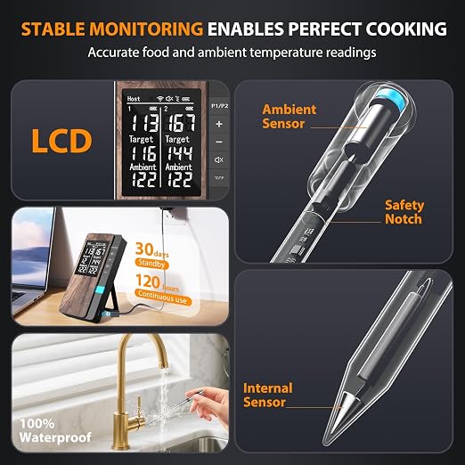 Smart Bluetooth Wireless Meat Thermometer with 2 Thin Probes | Standalone Display Base, Backlit LCD display, Certified Accuracy ±0.5°F, BBQ Smoker Grill Oven, Brisket Steak Turkey Pork