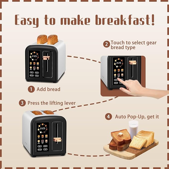 SEEDEEM 2-Slice Touchscreen Toaster, Stainless, 7 Shade, 1350W, Black