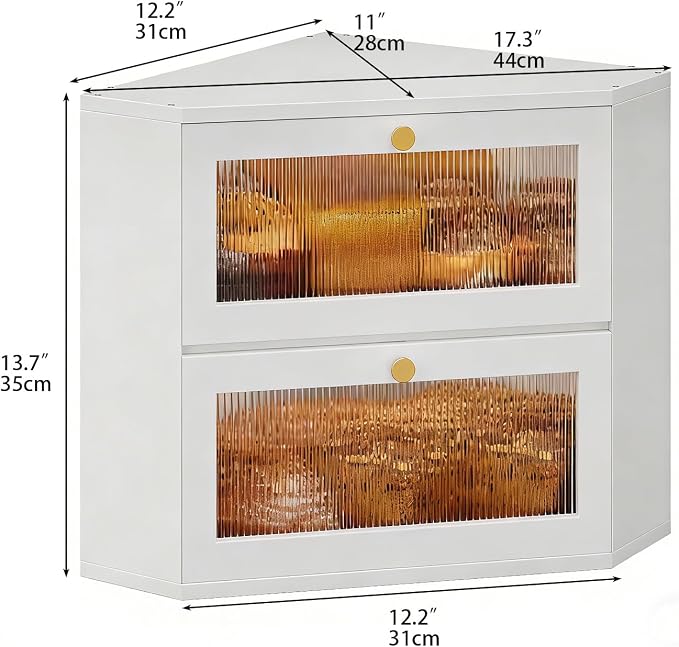 Trironsun Corner Bamboo Bread Box for Kitchen Counter Double Layer Bread Storage Container Large Capacity Bread Storage Bin with Wavy Arcylic Transparent Door (White)