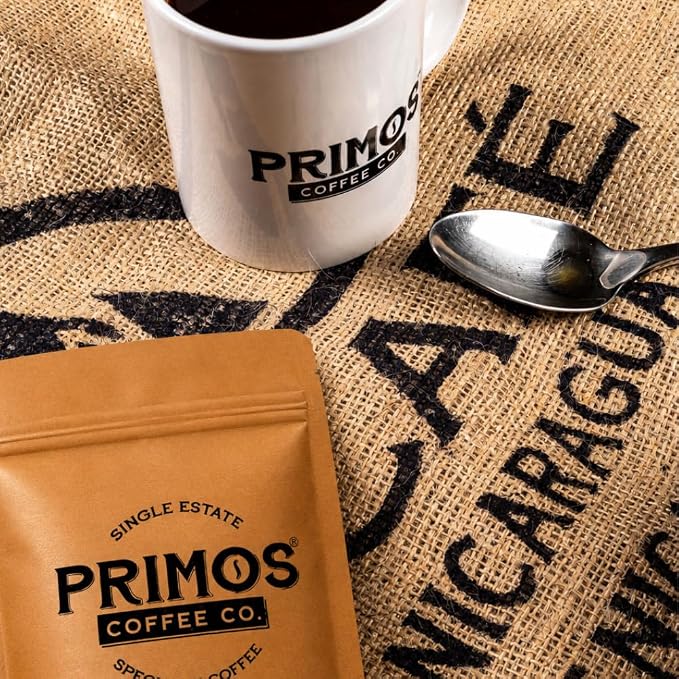 Primos French Press Coffee - Dark Roast Arabica - Coarse Grind - 2 Bags | Coarsely ground for balanced extraction; bold, low acid, fruit & cacao notes; from our Nicaraguan farm & Texas roastery