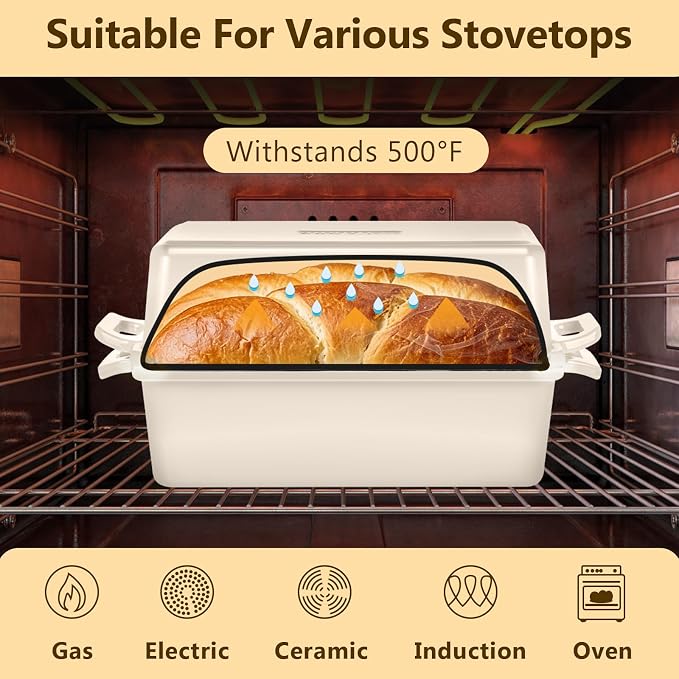 Wildone 2 in 1 Enameled Cast Iron Bread Pan with Lid, 9x5 Loaf Pans for Homemade Sourdough Bread, Cake, Meatloaf, Even Heating Bread Dutch Oven, Cream White