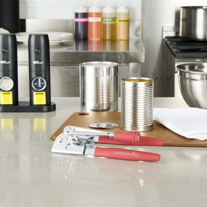 Restaurantware Stainless Steel Magnetic Manual Can Opener - German Standard Red Crank Can Opener with Magnet, Ergonomic Handles, Non-Slip - Heavy-Duty Hand Can Opener, Easy Turn, Sharp Blade
