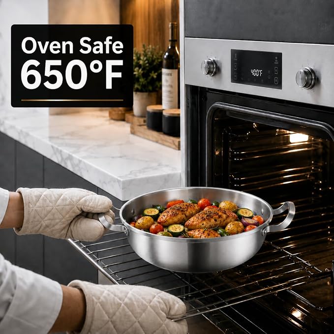 DELARLO Tri-Ply Stainless Steel Hot Pot 11 inch Everyday pan With lid,3.5QT | Kitchen Induction Deep Saute Pan,shabu shabu pot High Side Cooking Pot,Oven Safe Stock Pot, Up to 600℉