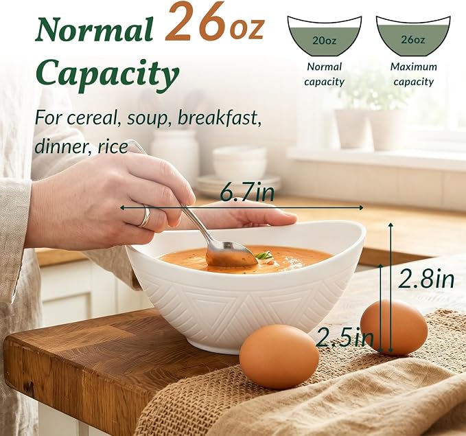 Wheat Straw Bowls 26 OZ Serving Bowls Set of 6 Unbreakable Salad Bowls for Breakfast, Cereal, Soup, Snack Mcirowave and Dishwasher Bowls Set for Kitchen, Camping, Party (White)
