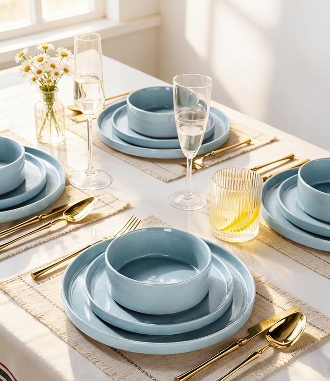 AmorArc Stoneware Dinnerware Sets for 4,12Pcs Plates and Bowls Set | Handmade Ceramic Dish Set,Dishwasher & Microwave Safe,Scratch Resistant-Light Blue