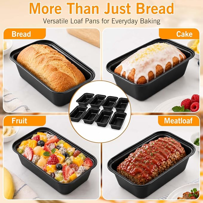 tchrules Loaf Pans 8×4 Inch Carbon Steel Bread Pan Nonstick Baking Set | Even Heat Baking|Oven Safe 450°F|Easy Release Bake|PFOA Free Coating|Warp Resistant Steel|8 Pack Value (Black)