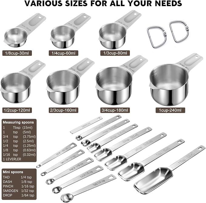 20PCS Measuring Cups and Spoons Set,Stainless Steel,with Leveler | 304 food-grade steel, dual-scale markings, one-piece construction, nesting storage, dishwasher safe, dry & liquid ingredients