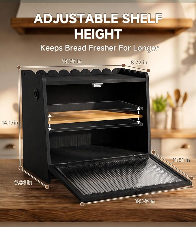 Bread Box for Kitchen Scalloped Countertop Wooden Double Layer Bread | Container Bin Breadbox Holder Large Capacity Keeper Vintage Farmhouse Food Organizer