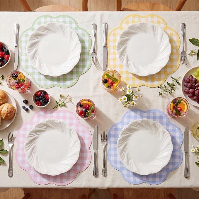 Patelai 48 Pcs Wavy Round Paper Placemats Colorful Pastel Disposable Placemats with Wavy Border for Birthday Wedding Tea Party Banquet Dinner Table Setting (Grid)