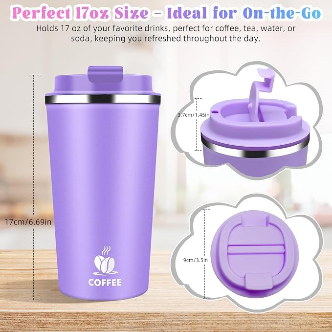 17oz Insulated Travel Coffee Mug with Flip Lid – Leakproof Stainless Steel Insulated Coffee Tumblers, Reusable Coffee Cup for Hot & Cold Drinks, Perfect for Camping & On-the-Go