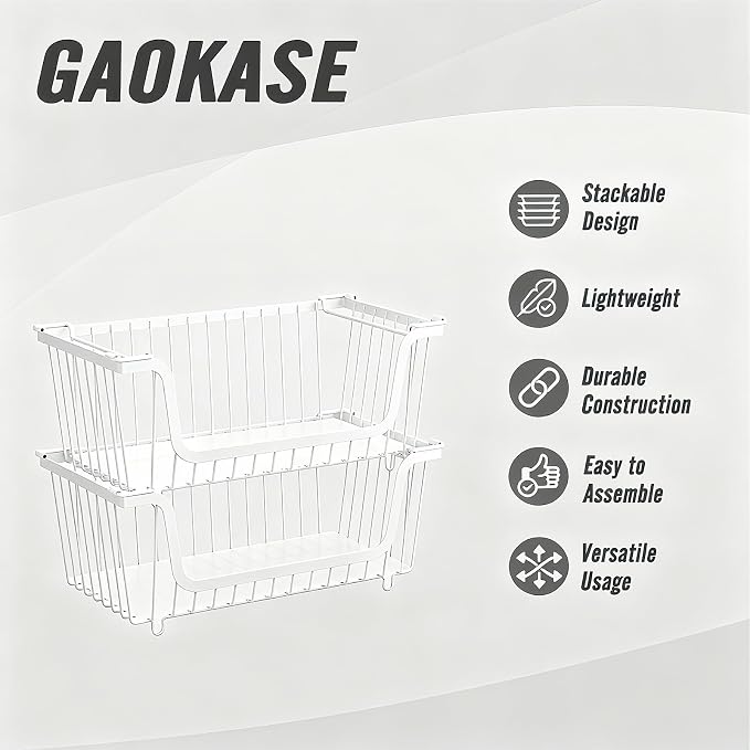 6 Pcs Stackable Wire Baskets for Pantry Organizers and Storage, | Vegetable Fruit Basket for Countertop,Kitchen Storage Metal Baskets,Produce Potato Onion Storage Bin,White