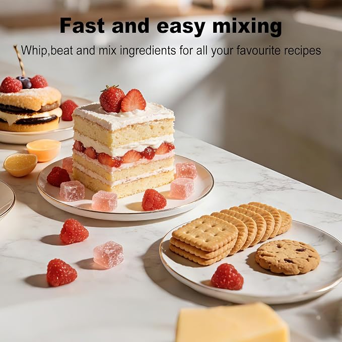 Camic Electric Hand Mixer with 9 Speeds, Powerful Motor, Cordless Hand Mixer with Whisk, Dough Hook and Mixing Rod for Whipping Eggs, Cream, Butter, Jam, Kneading Dough and Blending (White+Black)