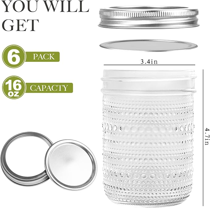 WACOI Mason Jars 16 Oz with Lids 6 Packs, Vintage Wide Mouth Glass Canning Jar for Pickling, Fermenting, Storing, Canning, Home Decor, Salad Jam and DIY Crafts