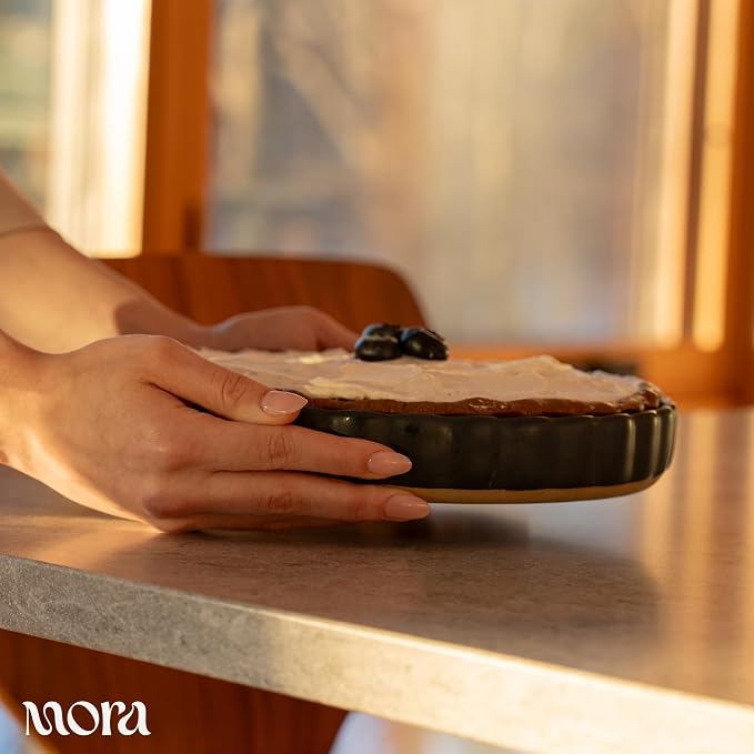 Mora Ceramic Tart Pan, 9.5 Inch Large Porcelain Baking Dish for Tarts, Quiche, Pie, Flan etc. Fluted Ruffled Edge, Oven, Microwave, Freezer, and Dishwasher safe - Great Gift For Bakers - Liquorice