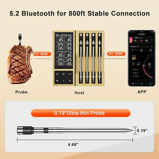 Wireless Meat Thermometer Digital - 800FT Bluetooth Food Thermometer for Cooking, NIST Certified Accuracy, Instant Read Thermometer Standalone Base for Grill BBQ Oven Smoker (Gold)