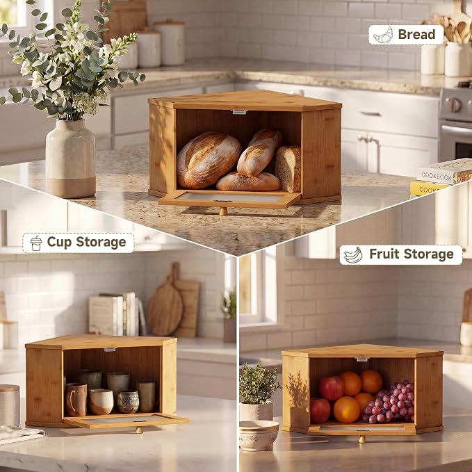 Corner Bread Box For Kitchen Countertop,Bread Storage Bin (Brown, Medium) | Small Bamboo Bread Container,Corner Shelf For Kitchen Decor