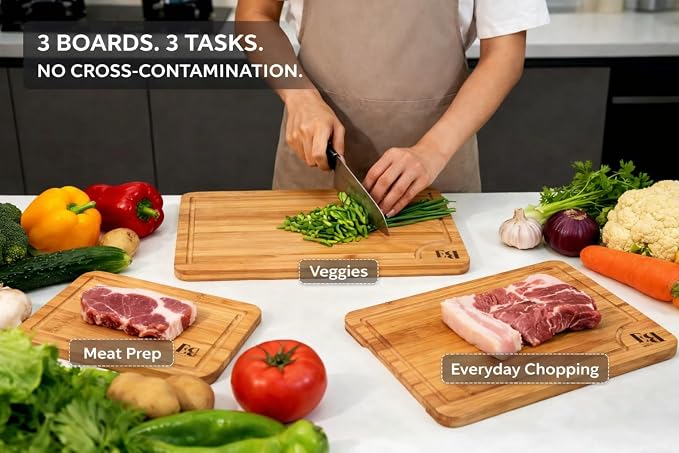 Bamboo Cutting Board Set of 3 (15"×10", 12"×8", 9"×6") – Crack Resistant Boards with Deep Juice Grooves, Handles & Care Guide – Butcher Block for Meat, Veggie & Charcuterie Board