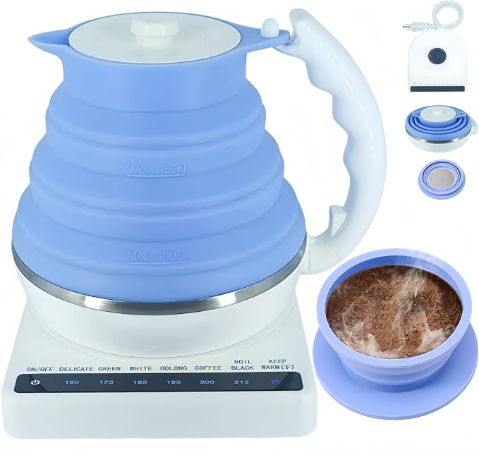 Portable Coffee Maker Pour Over, Travel Coffee Maker Set + Travel Electric Kettle With Temp Control, Collapsible Portable Tea Kettle for Traveling, Hotel, Office, BPA-Free Silicone, 110V, Blue