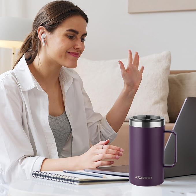 KXIAOCHEN 20 oz Insulated Coffee Mug, Coffee Cup with Lid and Wide Handle | 18/8 stainless steel, 6+ hours hot or 12+ hours cold, wide mouth, no-sweat exterior, for office, work, home and camping