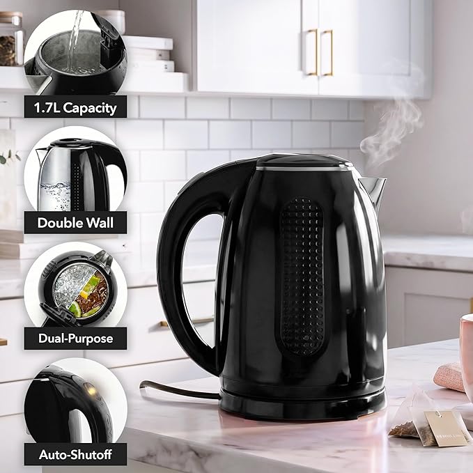 OVENTE 1.7L Double Wall Electric Tea Kettle, 1100W Power, Black KD64B | Water Boiler with Cool-Touch Exterior, Stainless Steel Interior, Auto Shut-Off, Boil-Dry Protection & Locking Lid, Easy Clean