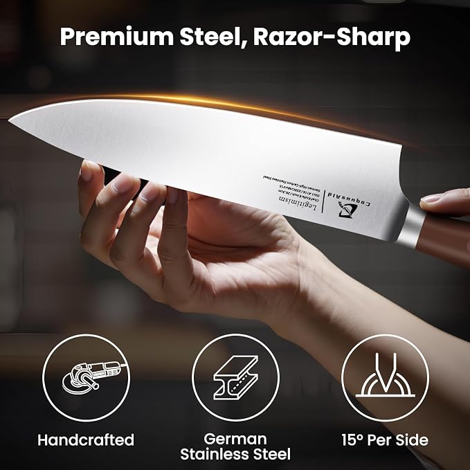 CoquusAid Knife Set, Upgrade 15 Pcs Knife Block Set with Widened Ventilated Slot, German Stainless Steel Kitchen Knives Set with Sharpener, Professional Chef Knives Set, Full Tang Ergonomic Handle