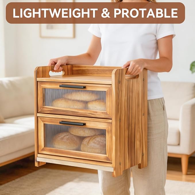 Bread Box for Kitchen Countertop, Large Wooden Breadbox with Cutting Board | Double Layer Bread Storage Container for Homemade Bread with Handles, Acrylic Window and Air Vents Keep Bread Fresh (Brown)