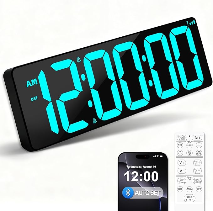 17.2" Bluetooth Digital Wall Clock with Seconds, Large Countdown Timer for Classroom Home Gym Kitchen Office, Alarm Clock with Remote Control, 4 Dimmable Brightness, Auto DST (Ice Blue)