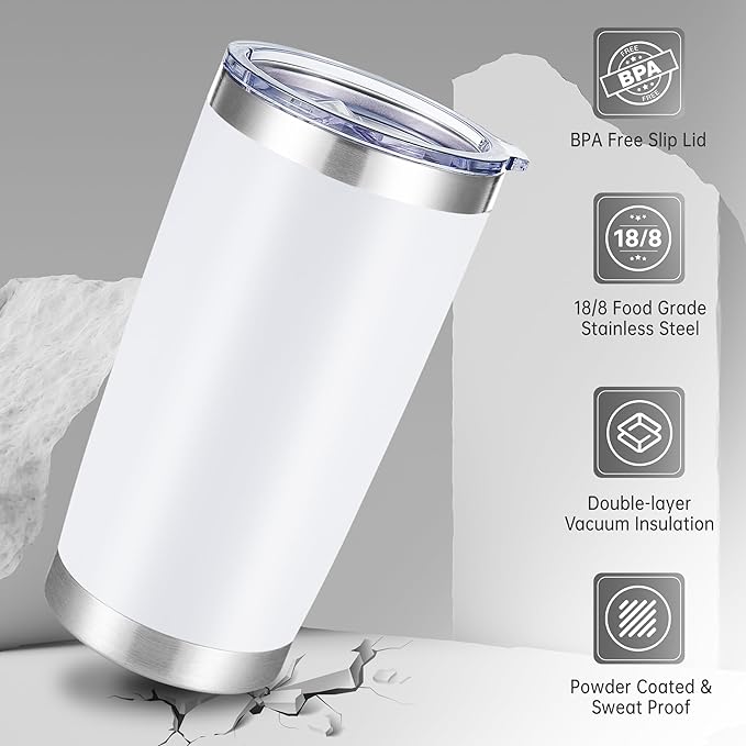 20 oz Tumblers Bulk Stainless Steel Tumbler with Lid, 12 Pack | White, 20oz Insulated Coffee Mug, Double Wall Vacuum, Powder Coated Cup, for Hot and Cold Drinks