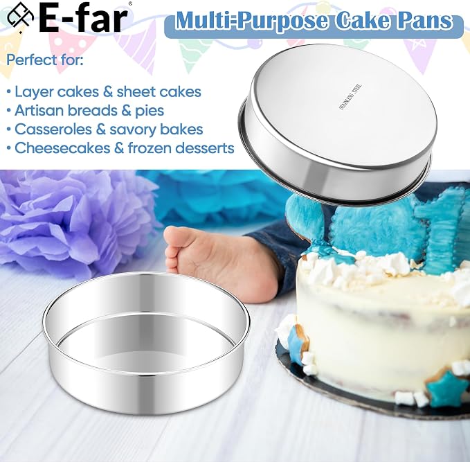 E-far 8 Inch Cake Pan Set of 2, Stainless Steel Round Baking Pans Tins Mold | Non-Toxic & Leak-Proof for Birthday Wedding Layer Tiered Cake, Easy Clean & Dishwasher Safe