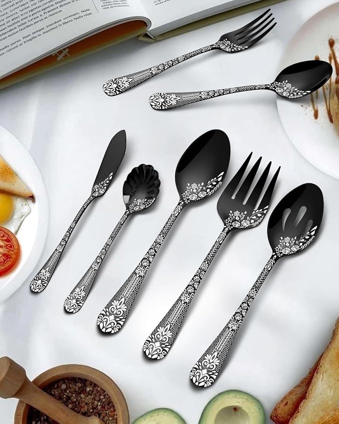 EUIRIO 5PCS Serving Utensils,Serving Set Includes Large Serving Spoon Slotted Serving Spoon Serving Fork Sugar Spoon&Butter Knife,Stainless Steel Flatware Serving set for Buffet Party,Dishwasher Safe